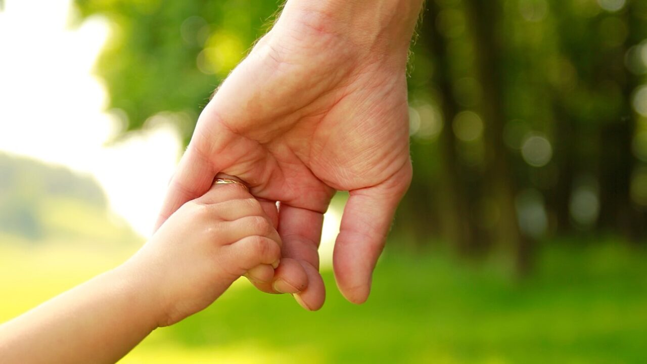 parent holds the hand of a small child