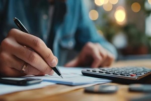 person engages in detailed financial planning with a calculator, pen, and documents on a wooden table