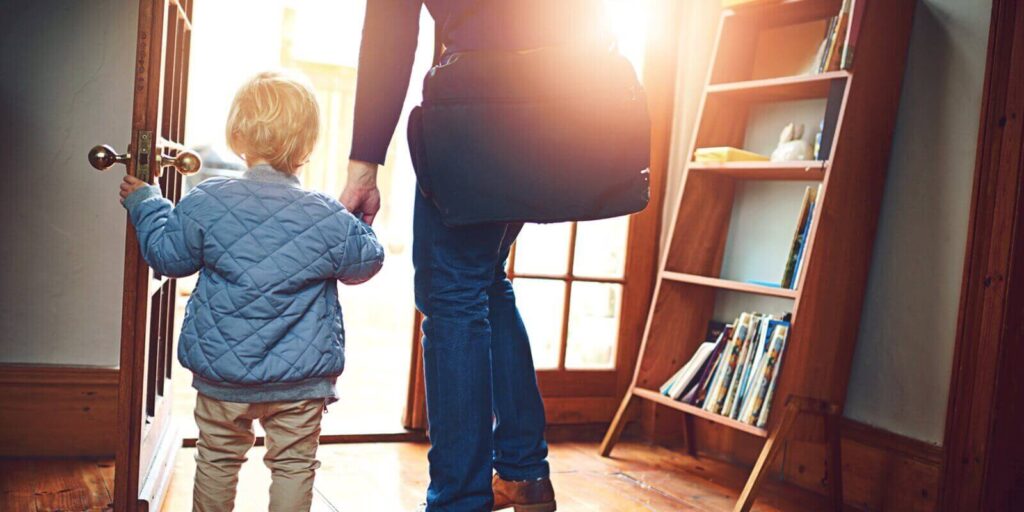 leaving or back with parent and child in home together for goodbye or start of morning