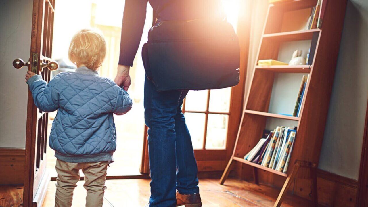 leaving or back with parent and child in home together for goodbye or start of morning