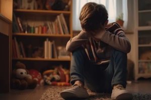 young child with head in hands sitting in the corner of his room in a depression stress or frustration