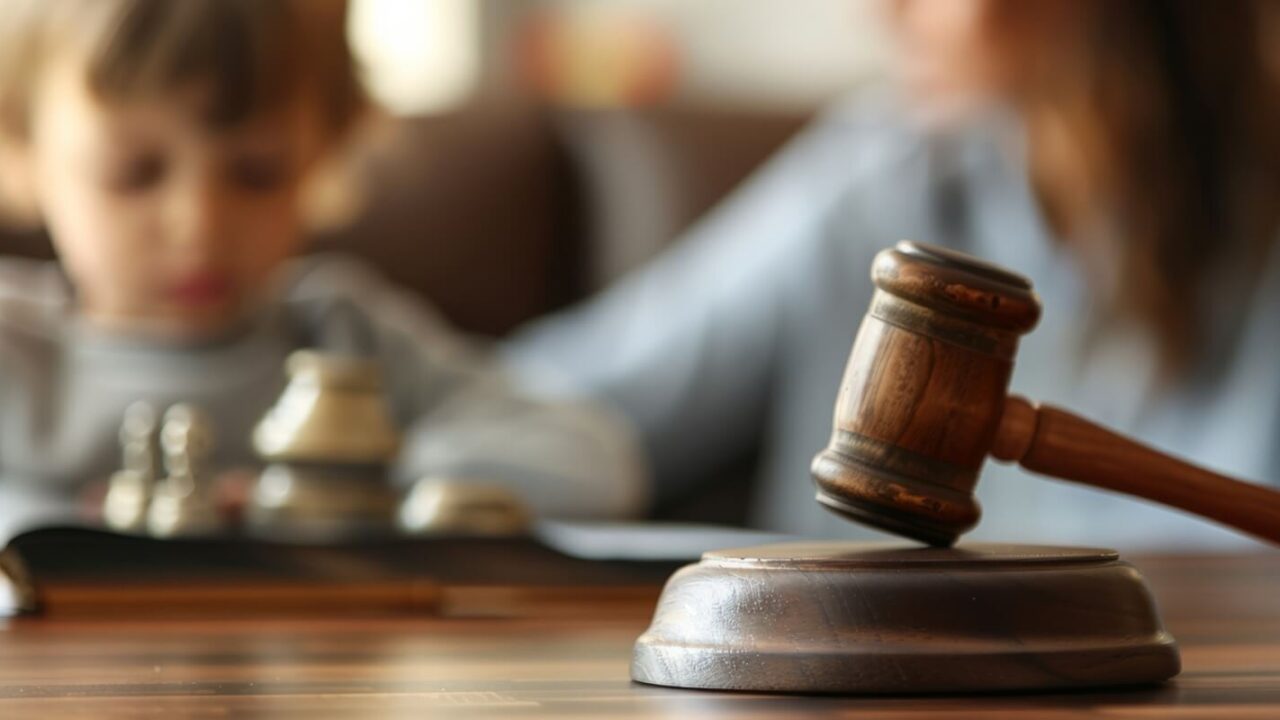 close up of a legal judges hammer with a blurred child in the background