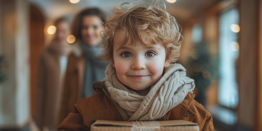 young blonde child in a winter coat, holding a gift box with a joyful expression