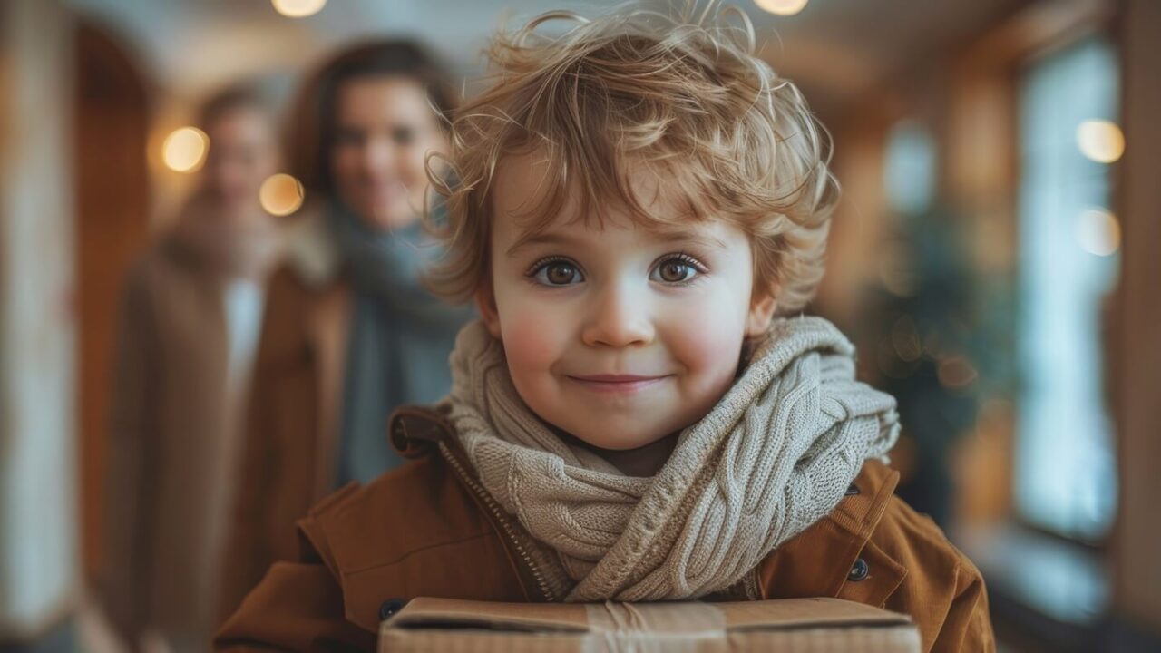 young blonde child in a winter coat, holding a gift box with a joyful expression