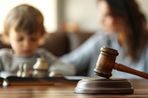 close up of a legal judges hammer with a blurred child in the background