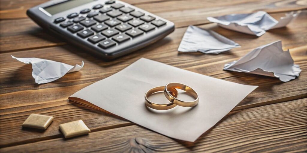 calculators, papers, and broken wedding rings scattered on a wooden table