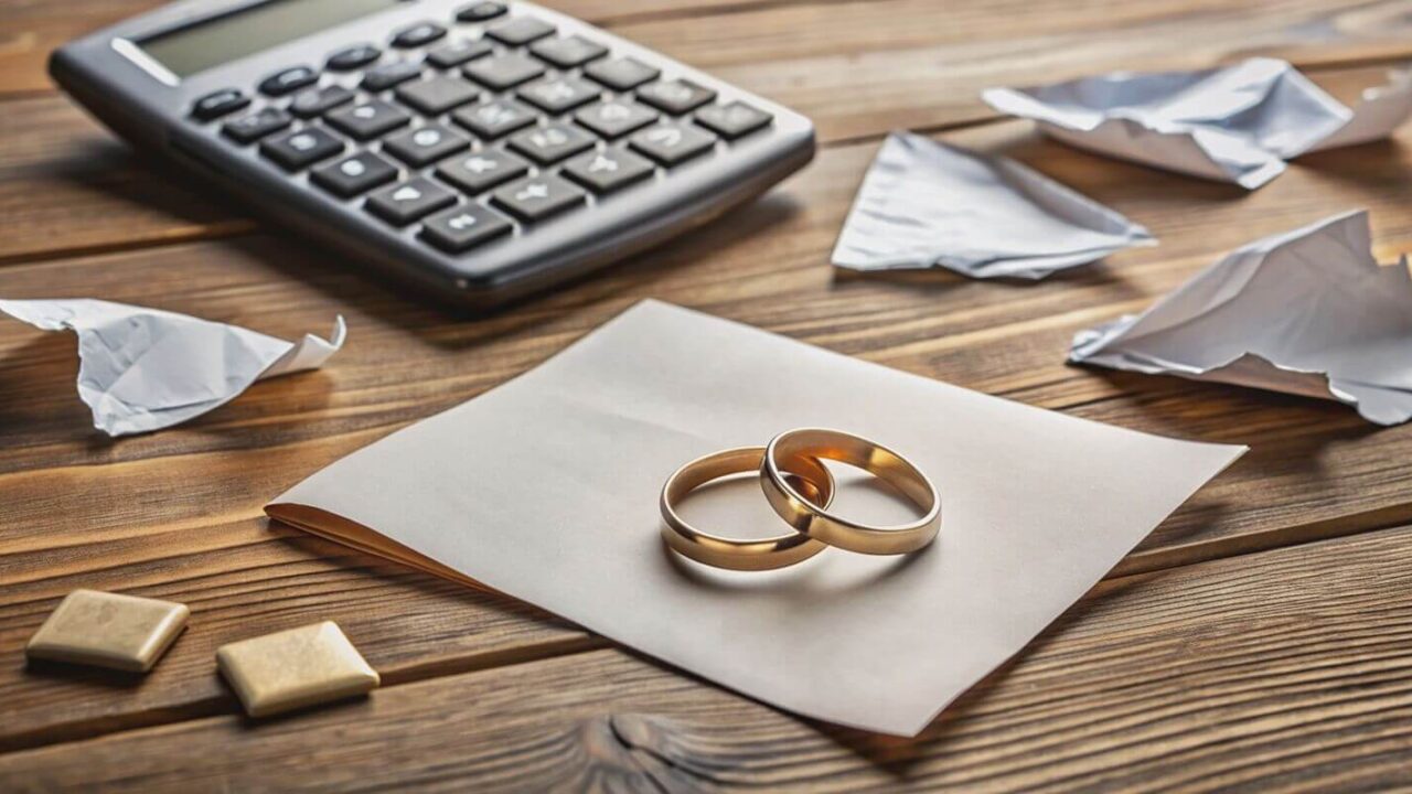 calculators, papers, and broken wedding rings scattered on a wooden table