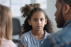 child looking at parents during divorce meet