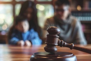 legal judge hammer in a law office, with father, mother and son on background