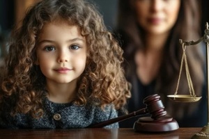 Cute child and mother at table with gavel of judge blurred in background, during complex custody case