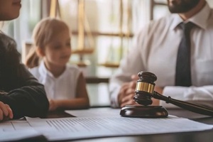 family confers with their lawyer, a gavel in the foreground symbolizing the gravity of their legal situation