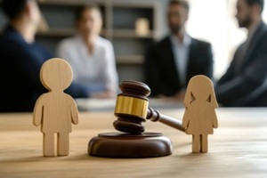 family wooden figure and gavel on a judge's table in a courthouse during complex custody cases