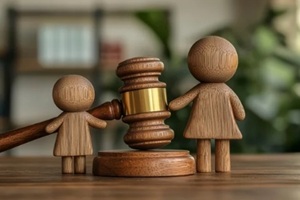 figure of the family next to the judge's gavel symbolizes the protection of children's rights in custody cases