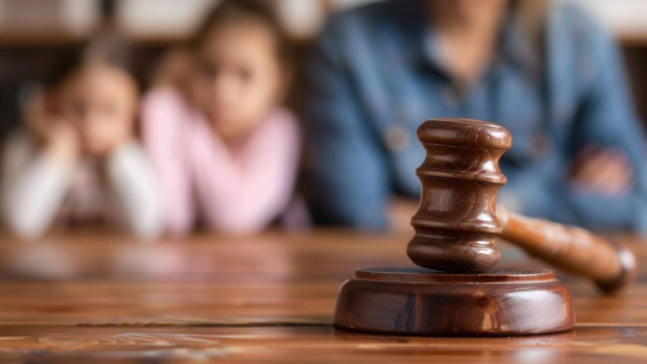 wooden gavel sits on a table, with two blurred children and a woman in the background