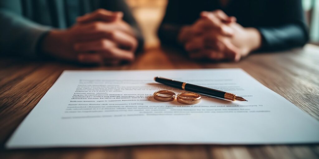 divorce or legal separation document with a pair of wedding rings and a pen