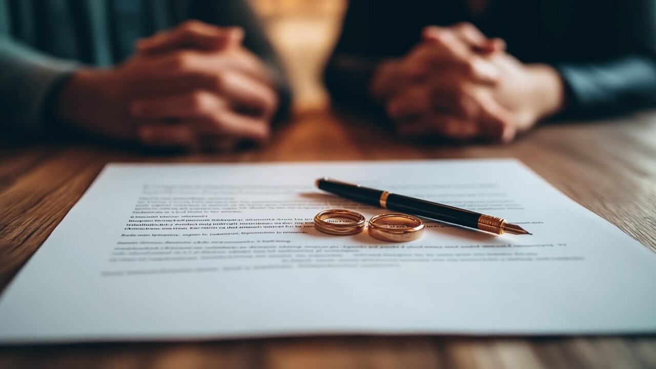 divorce or legal separation document with a pair of wedding rings and a pen