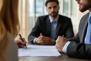 family law attorney in baltimore calmly explains divorce paperwork to a client in a private meeting