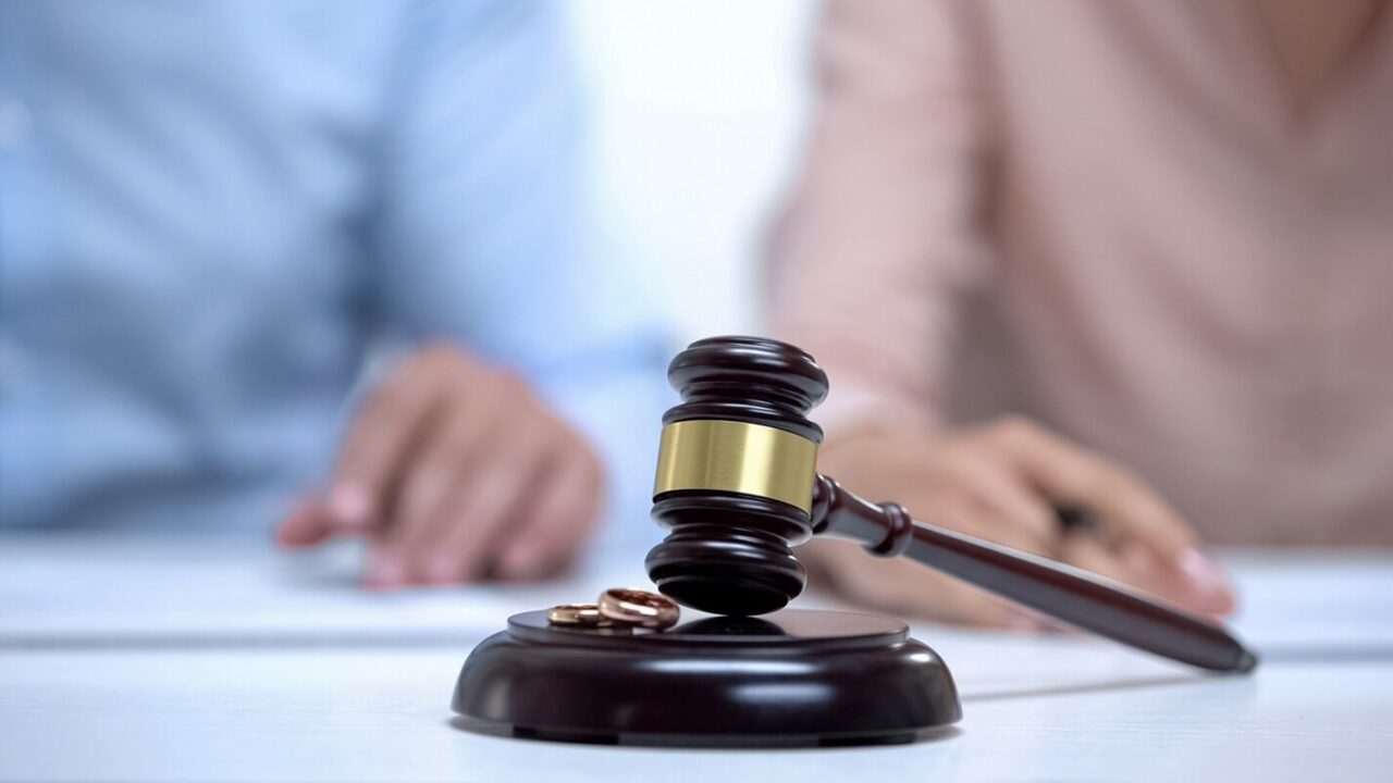 marriage rings and gavel closeup