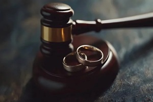 court gavel with marriage rings