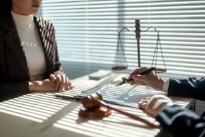 lawyer explaining divorce agreement and showing where to sign with pen