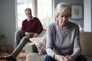 angry frustrated tired senior couple sitting separately on home couch in silence