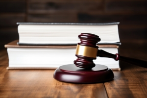 a neat stack of court injunction papers and a gavel