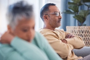 senior man with anger and woman sad with relationship crisis