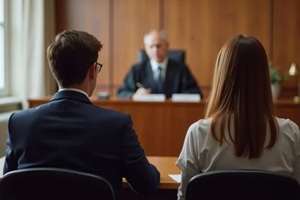 couple facing a judge for a divorce mediation session