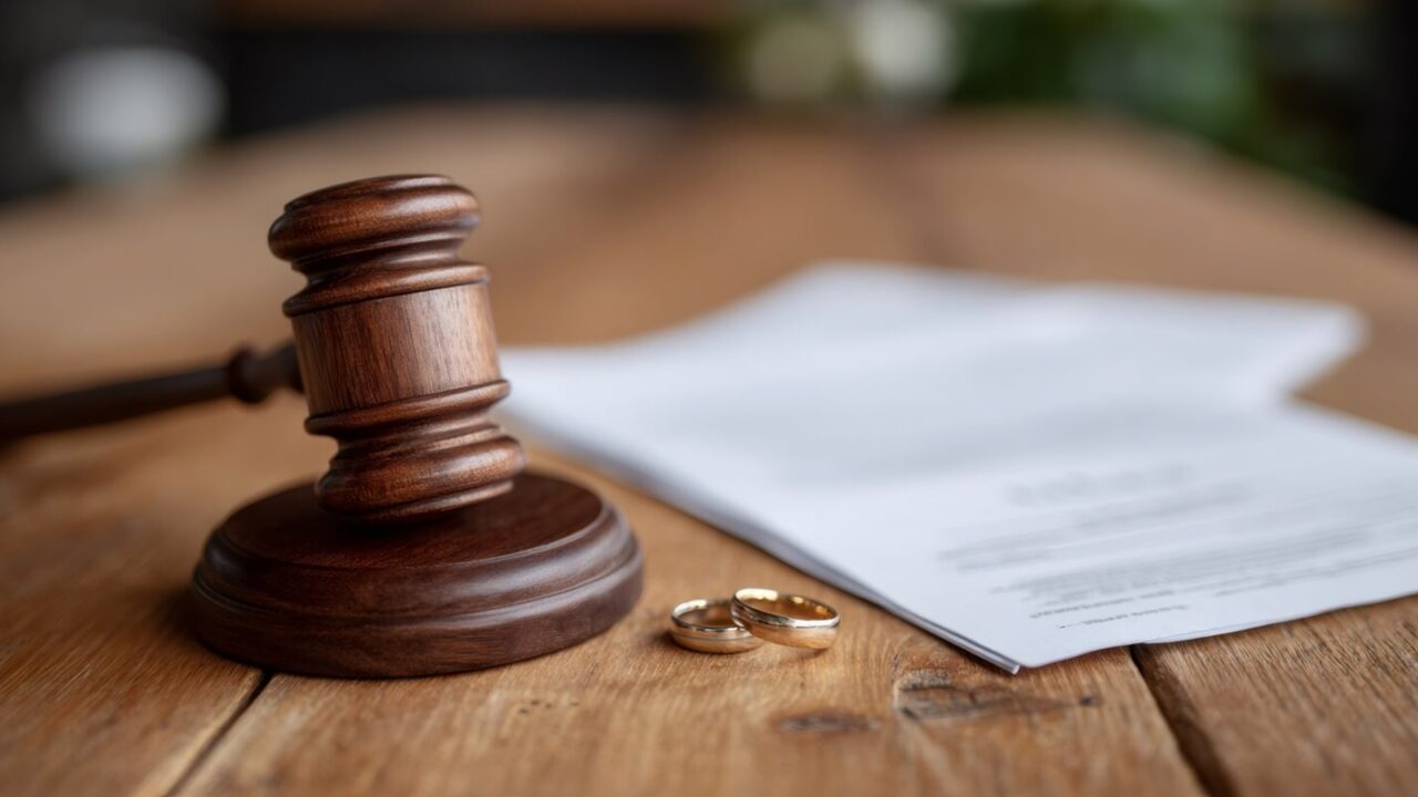 judge's gavel, wedding rings and second marriage divorce decree on wooden table