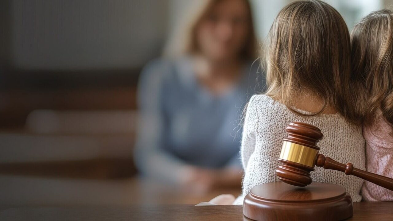 the image depicts a wooden gavel positioned on a table, with two children and a woman visible in the blurred background
