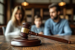 wooden blocks spelling divorce with gavel and family