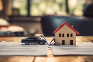 Maryland divorce papers with a house and car icon split down the middle