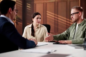 family divorce lawyer consulting young couple In court