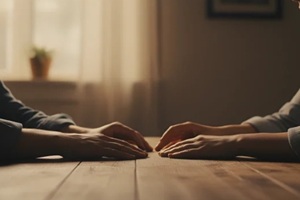 intimate and tense moment captured as two individuals sit across a wooden table