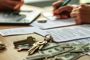 lawyers at a conference table with divorce documents, money