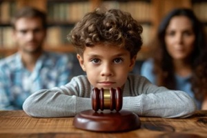 child and mother at table with gavel of judge blurred in background