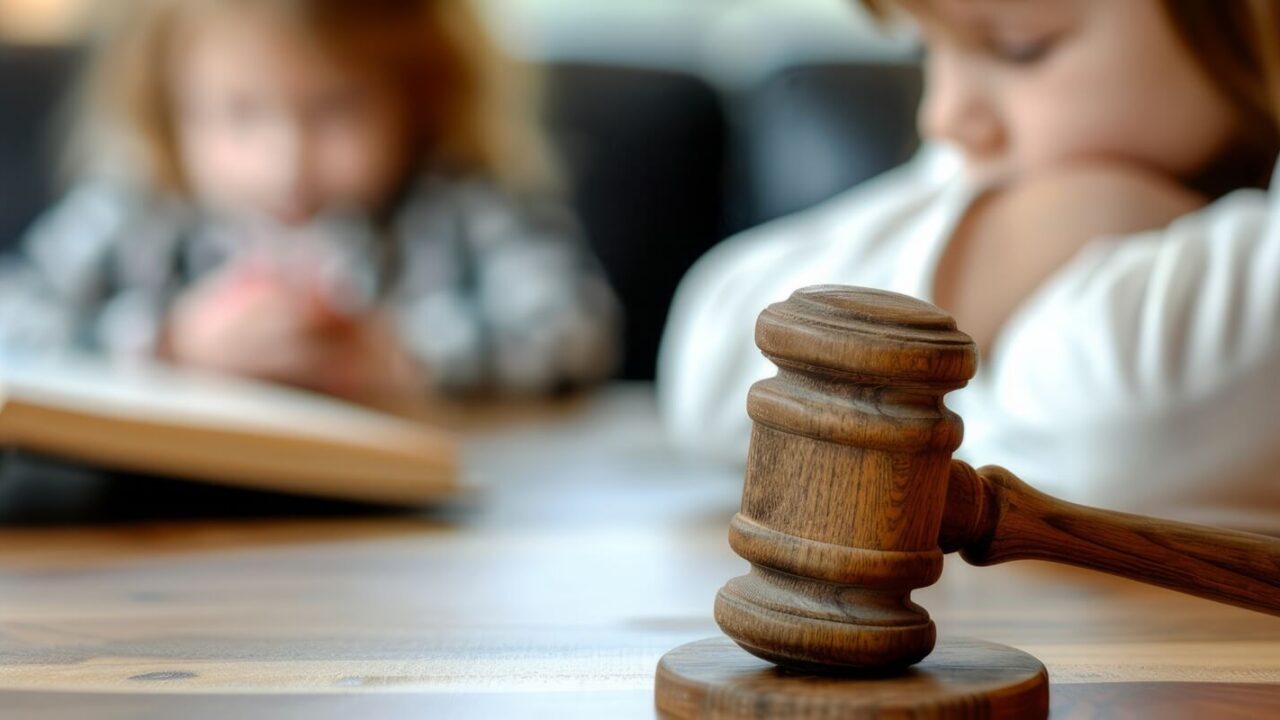 close up of a legal judges hammer with a blurred child in the background