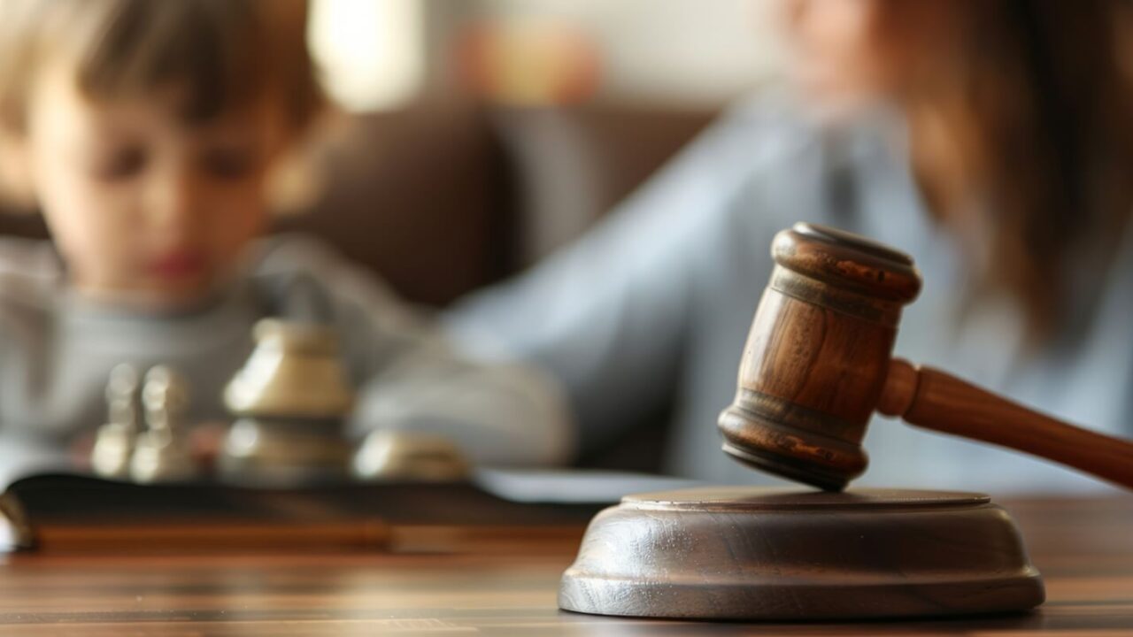 close up of a legal judges hammer with a blurred child in the background