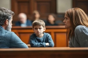 parents intensely argue about child custody while their young son