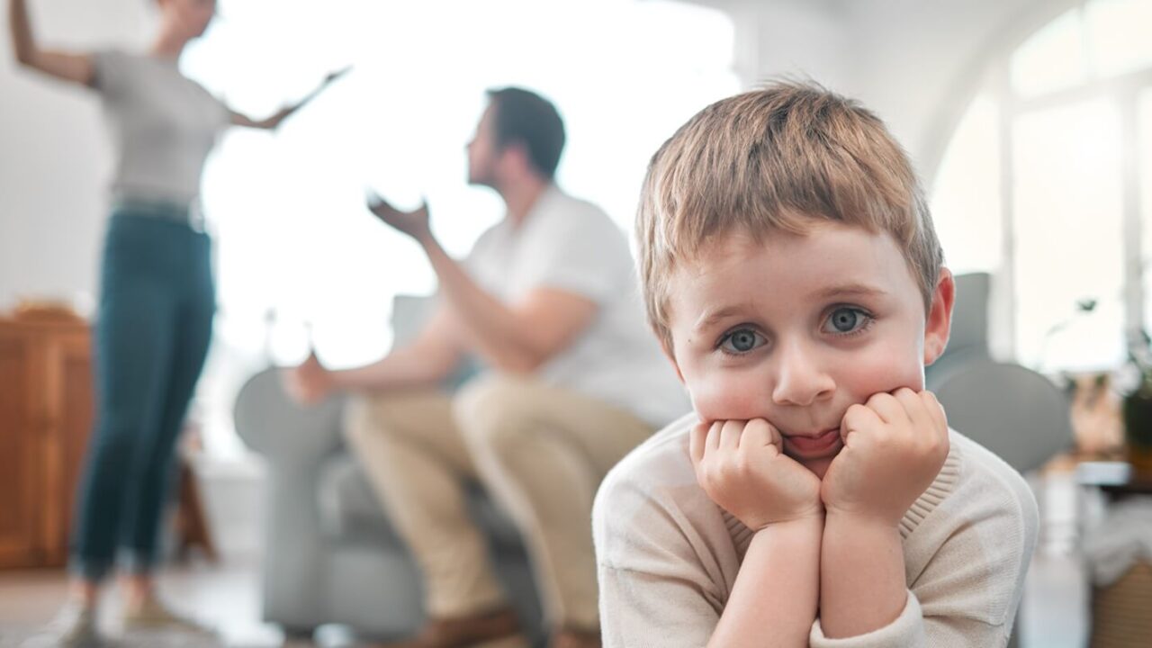 child and parents fighting in home for infidelity, cheating or affair in marriage with divorce