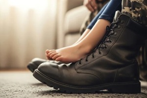 military boots and child's feet close-up