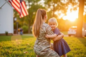 military woman hugging young girl in sunset with american flag