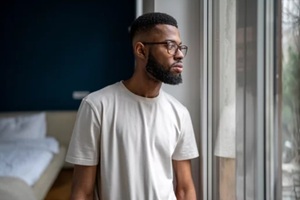 sad black man looking out of window thinking about life problems