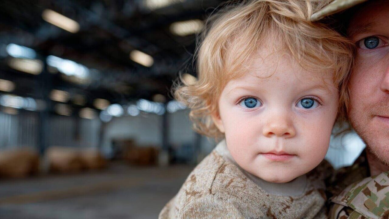 soldier holds child in military setting