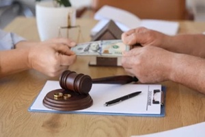 mature couple with money at divorce lawyer's office, closeup