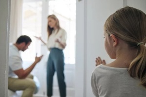 parents and argument with fight in bedroom for disagreement, divorce or toxic relationship at home