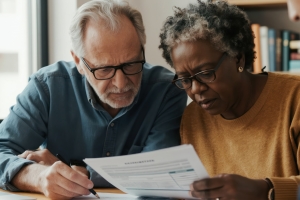 Older couple reviewing property division documents with a family law attorney in Maryland