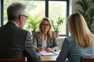 Female High Asset Divorce Attorney Consulting with Couple in Office