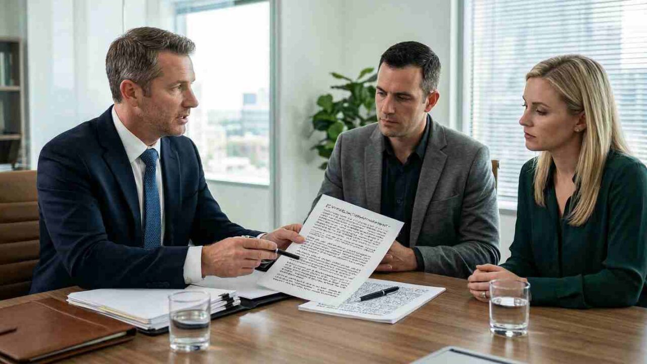 Male Lawyer Explaining High Asset Divorce Agreement to a Couple