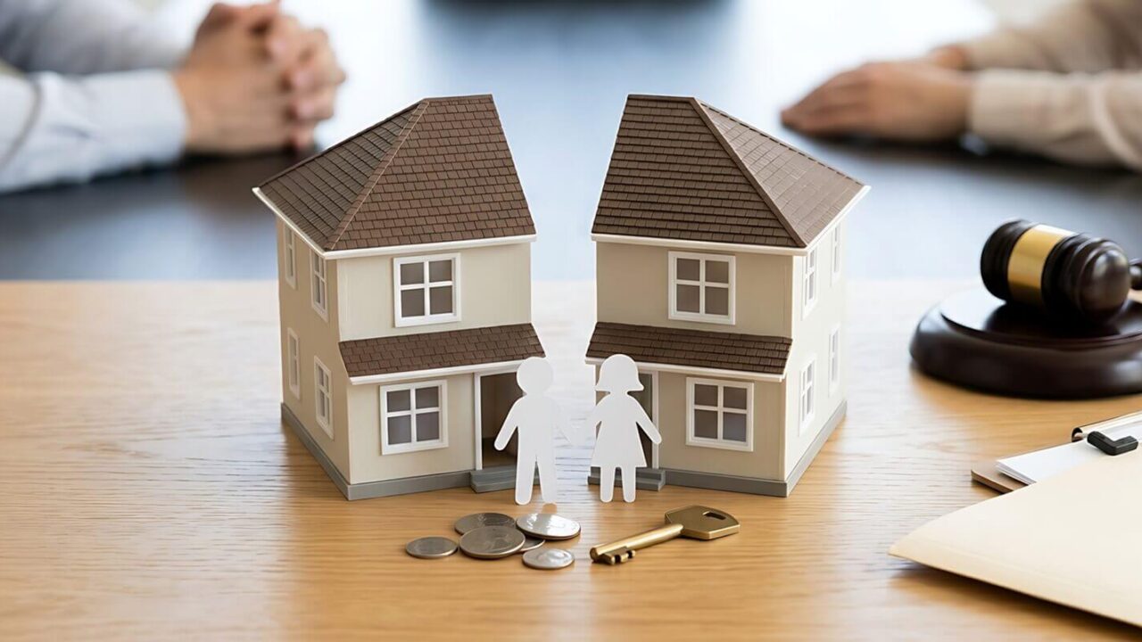 miniature house split in half with paper couple and judge gavel on wooden desk representing property division real estate law and legal divorce settlement